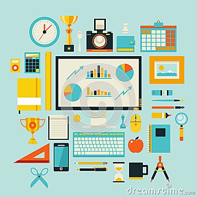 Flat design style modern illustration icons set of office items and tools Cartoon Illustration