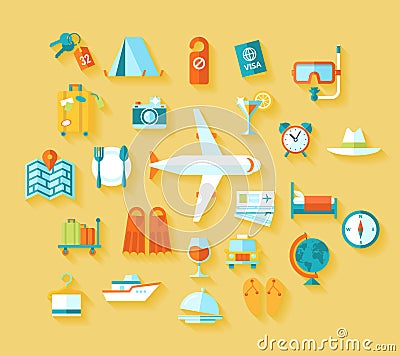 Flat design style modern illustration icons set of traveling on airplane, planning a summer vacation, tourism Cartoon Illustration