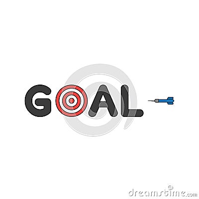 Flat design style vector concept of goal text with bulls eye and dart icon on white. Colored, black outlines Cartoon Illustration