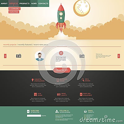 Flat design style website template with rocket retro spaceship illustration Vector Illustration