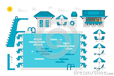 Flat design swimming pool set Vector Illustration