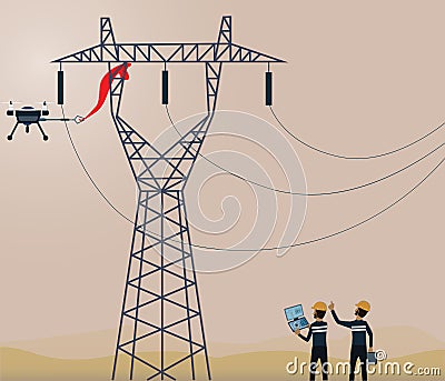 Flat design of technology concept,Technicians use drones to dispose of waste stuck on the high voltage tower - vector Vector Illustration