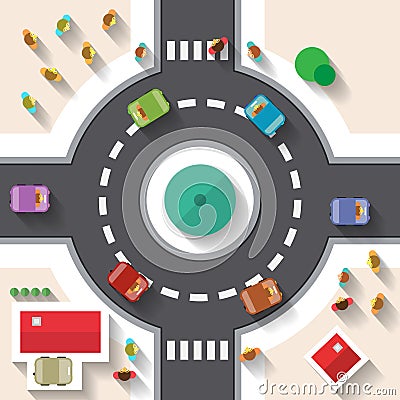 Flat Design Top View Street Roundabout Vector Illustration