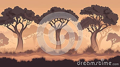 Flat design of trees fading into haze under soft mocha sky, creating serene atmosphere Stock Photo