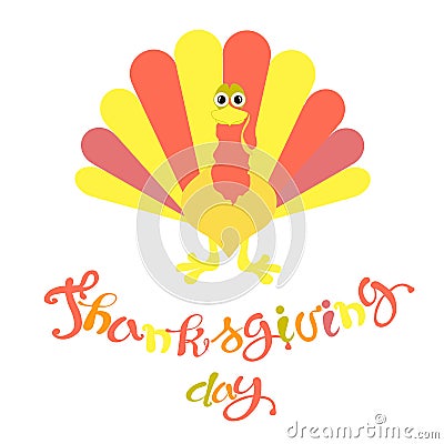 Flat design typography banner Thanksgiving, stylised red and yellow turkey, hand drawn lettering on white Vector Illustration