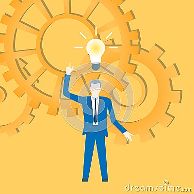 Flat design vector with a businessman inventing an idea with cogwheels in the background. Vector Illustration