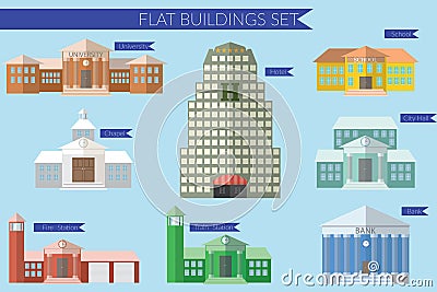 Flat design vector illustration concept for building education icons set. University fire station, bank, city hall, school Vector Illustration