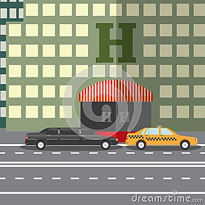 Flat design vector illustration concept for City Hotel and parked taxi and limousine, sityskape Vector Illustration