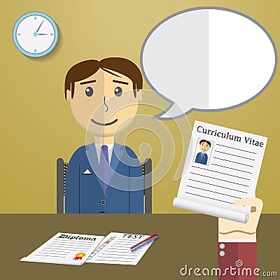 Flat design vector illustration concept for job interview, Hand Holding CV Profile talking to Candidate on Position Vector Illustration