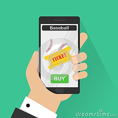 Flat design vector illustration concepts of online baseball ticket. Hand holding mobile smart phone with online buy app Vector Illustration