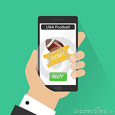 Flat design vector illustration concepts of online football ticket. Hand holding mobile smart phone with online buy app Vector Illustration