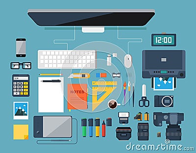 Flat design vector illustration of creative designer workplace. Top view. Vector Illustration