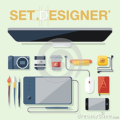 Flat design vector illustration of graphic designer items, tools and equipment. Vector Illustration