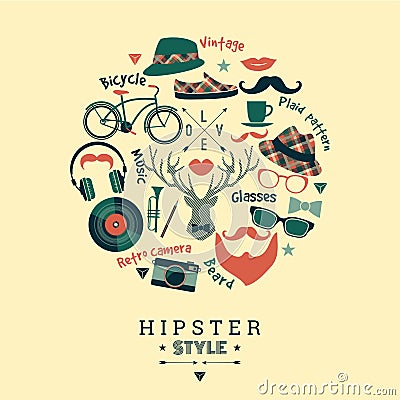 Flat design vector illustration of hipster style. Vector Illustration