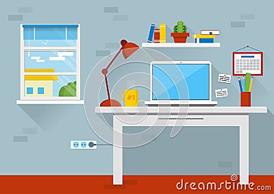 Flat design vector illustration of modern office interior. Creative cartoon office workspace with computer Vector Illustration