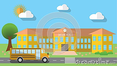 Flat design vector illustration of school building and parked school bus in flat design style, vector illustration Vector Illustration