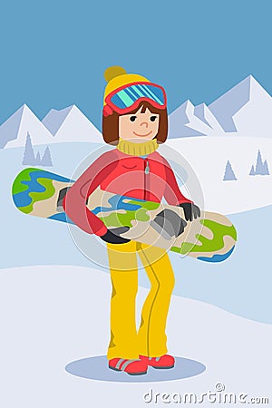 Flat design vector illustration of young woman from the mountain by snowboarding equipped. Vector Illustration