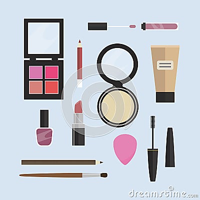 Flat design vector make-up products and accessories collection on blue background Vector Illustration