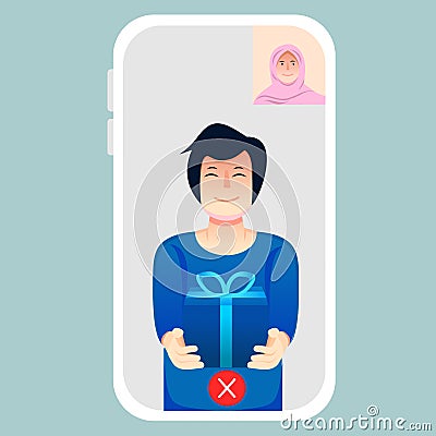Visuals of family and friends sharing gifts through video calls. Vector Illustration