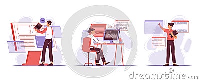Flat IT developers and programmers, outline software engineers. Programming developers coding and testing products flat vector Vector Illustration