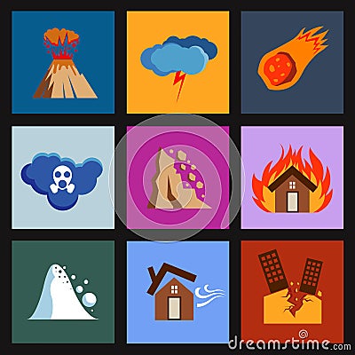 Flat disaster, damage vector icons Vector Illustration