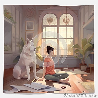 dog lifestyle woman cartoon position sport fitness training yoga body home. Generative AI. Cartoon Illustration