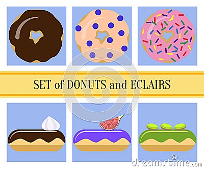 Flat donuts and eclairs set Vector Illustration