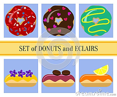 Flat donuts and eclairs set Vector Illustration