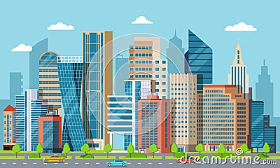 Flat downtown. Skyscrapers, exterior of modern city buildings. Residential and business office houses. Cityscape vector Vector Illustration