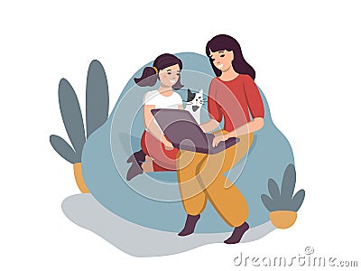 Flat drawing of a mother with her daughter at her laptop. Watching online instructional videos, online lessons and chatting, video Vector Illustration