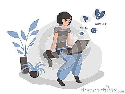 Flat drawing of a sad girl at the computer, negative feedback, comments. Haters, bullying, relationship breakdown. Flat vector Vector Illustration
