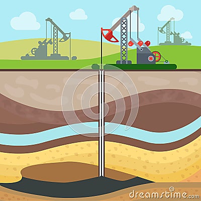 Flat drilling rig oil field soil layers vector Vector Illustration