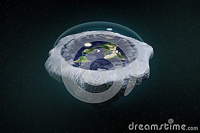 Flat earth theory with atmosphere, sun, moon and glass cover. Ancient mythology belief in plane globe in form of disk. Stock Photo