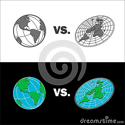 Flat Earth vs Sphere Earth map. Isolated vector illustration. Vector Illustration