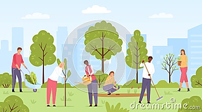 Flat ecology volunteers planting trees and flowers in city park. Public community do spring gardening. People work in Vector Illustration