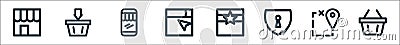 Flat ecommerce line icons. linear set. quality vector line set such as basket, location, lock, best buy, search, online store, add Vector Illustration