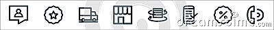 flat ecommerce line icons. linear set. quality vector line set such as call, discount, confirmation, return, shopping store, Vector Illustration