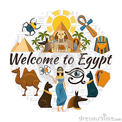 Flat Egypt Travel Round Concept Vector Illustration