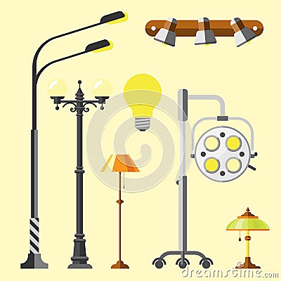 Flat electric lantern city lamp street urban lights fitting illuminator technology light bulb electricity vector Vector Illustration