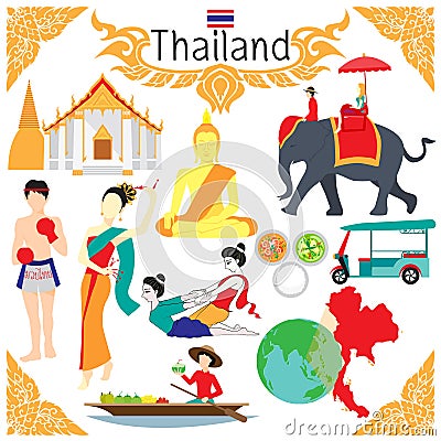 Flat elements for designs about Thailand including the word THAI BOXING in Thai on boxing shorts. Vector Illustration