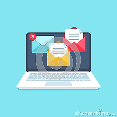 Flat email messages inbox notification. Laptop computer screen with business mail letters alerts vector illustration Vector Illustration