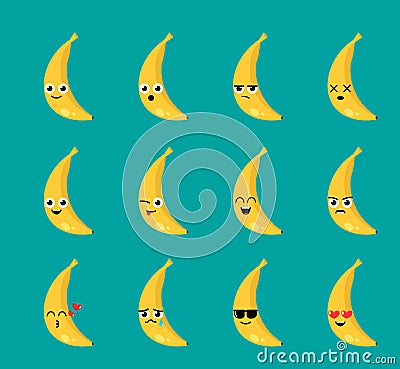 Flat Emoticon Cute Banana Set Vector Illustration