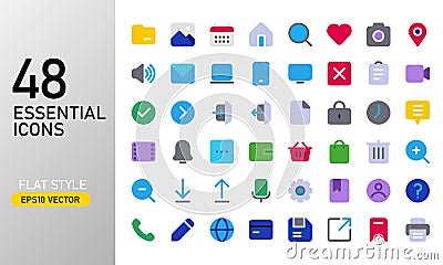 Flat essential icon set. Flat rounded essential icon collection. Vector Illustration