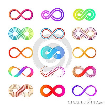 Flat eternity icons. Endless infinity eternal concept symbols, isolated mobius loop colorful collection. Infinite loops Vector Illustration