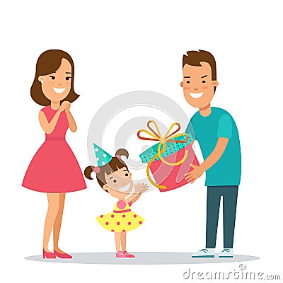 Flat Family children holiday. Father presen Cartoon Illustration