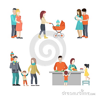 Flat Family cook baby pregnant woman parenting vec Cartoon Illustration