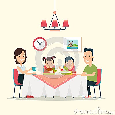 Flat family dinner illustration. Mother fat Cartoon Illustration