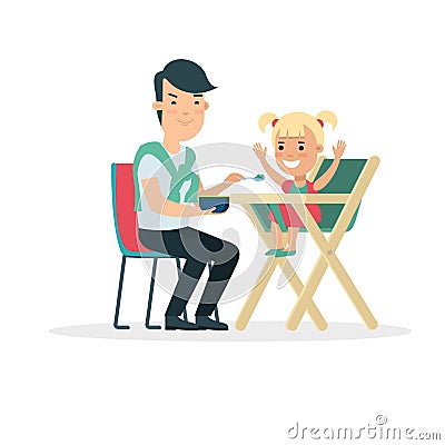 Flat Family father feeding baby daughter child in Cartoon Illustration