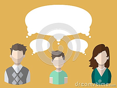 Flat family icons mother, father and their son with different thought bubbles. Vector illustration Vector Illustration