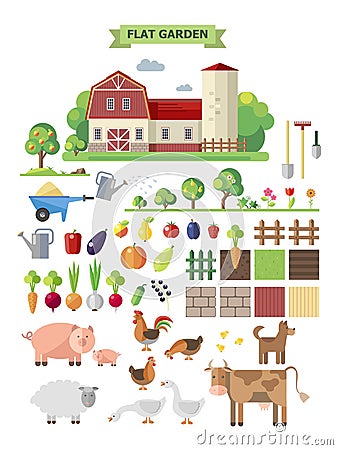 Flat farm with farmhouse Vector Illustration